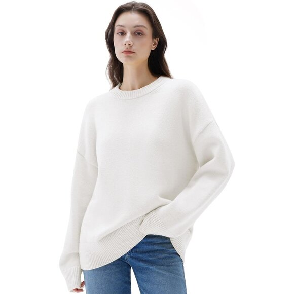 Women Cashmere Blend Oversized Crew Neck White Soft Warm Pullover Sweater - Picture 1 of 5